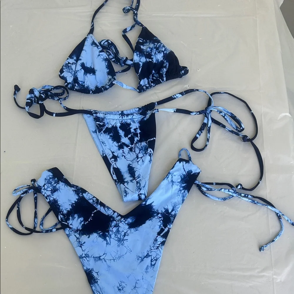 Frankie's Bikinis Blue Tie-Dye String Bikini Set